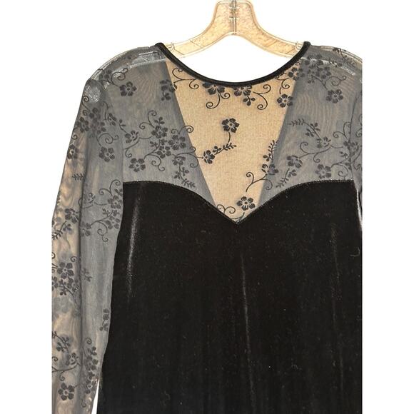 Vtg Y2K Black Velvet Maxi Dress Mesh Bodice Sleeve Whimsigoth Y2K Vampire Floral - Picture 3 of 16